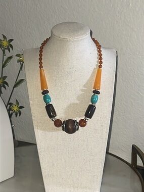Vintage Avon necklace boho lucite wood stone beads butterscotch brown turquoise